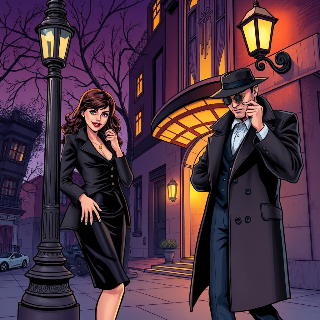 An enchanting comic book cover design for an Adult Mystery/Thriller, featuring a captivating blend of intrigue and charm