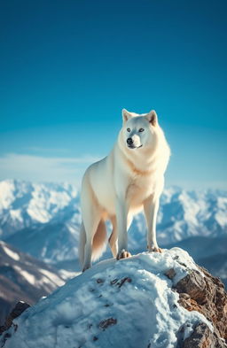 A majestic white wolf standing atop a snowy mountain peak, its fur shimmering under the sunlight, looking fiercely into the distance with piercing blue eyes
