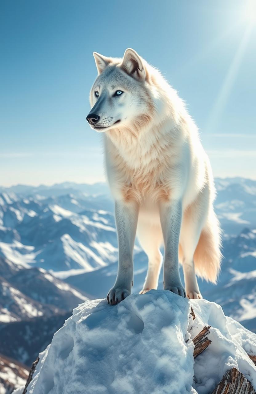 A majestic white wolf standing atop a snowy mountain peak, its fur shimmering under the sunlight, looking fiercely into the distance with piercing blue eyes