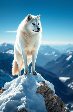 A majestic white wolf standing atop a snowy mountain peak, its fur shimmering under the sunlight, looking fiercely into the distance with piercing blue eyes