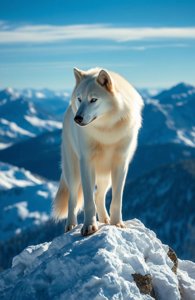 A majestic white wolf standing atop a snowy mountain peak, its fur shimmering under the sunlight, looking fiercely into the distance with piercing blue eyes