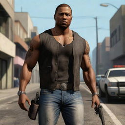 A vivid depiction of Carl 'CJ' Johnson, the protagonist from the iconic video game; dressed in his signature attire, expressing defiance and remaining true to his character from the streets of San Andreas.