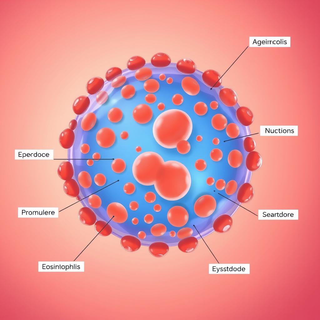 An educational illustration of an immature eosinophil cell, portrayed in a high-resolution, detailed scientific context