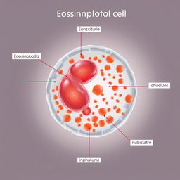 An educational illustration of an immature eosinophil cell, portrayed in a high-resolution, detailed scientific context