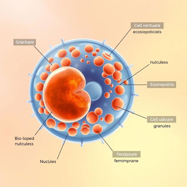 An educational illustration of an immature eosinophil cell, portrayed in a high-resolution, detailed scientific context