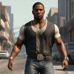 A vivid depiction of Carl 'CJ' Johnson, the protagonist from the iconic video game; dressed in his signature attire, expressing defiance and remaining true to his character from the streets of San Andreas.