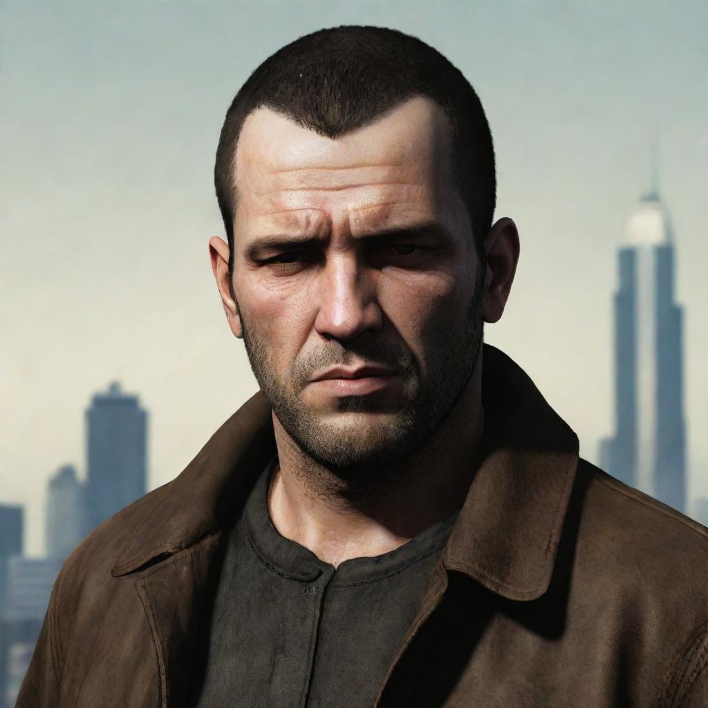 A graphical portrait of Niko Bellic, the leading character from a popular video game, showcasing his Eastern European features, rugged attire, and the hard-edged gaze sourced from the hardships of Liberty City.