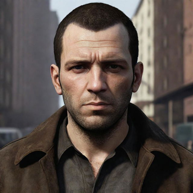 A graphical portrait of Niko Bellic, the leading character from a popular video game, showcasing his Eastern European features, rugged attire, and the hard-edged gaze sourced from the hardships of Liberty City.