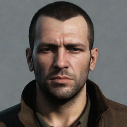 A graphical portrait of Niko Bellic, the leading character from a popular video game, showcasing his Eastern European features, rugged attire, and the hard-edged gaze sourced from the hardships of Liberty City.