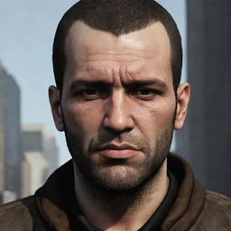 A graphical portrait of Niko Bellic, the leading character from a popular video game, showcasing his Eastern European features, rugged attire, and the hard-edged gaze sourced from the hardships of Liberty City.