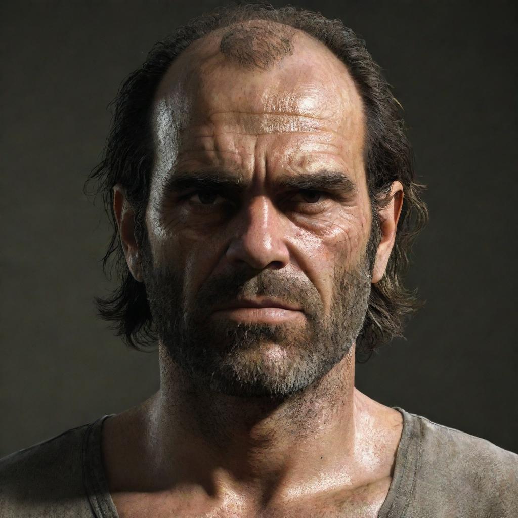 An image highlighting the distinctive features of Trevor Philips, a character from a famous video game, accentuating his unkempt hair, scruffy facial hair, intense eyes, and his casual, yet somewhat menacing demeanor.