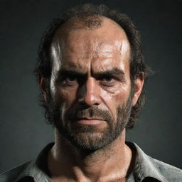 An image highlighting the distinctive features of Trevor Philips, a character from a famous video game, accentuating his unkempt hair, scruffy facial hair, intense eyes, and his casual, yet somewhat menacing demeanor.