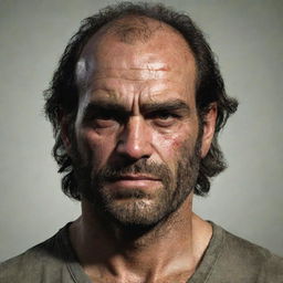 An image highlighting the distinctive features of Trevor Philips, a character from a famous video game, accentuating his unkempt hair, scruffy facial hair, intense eyes, and his casual, yet somewhat menacing demeanor.