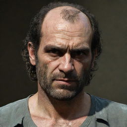 An image highlighting the distinctive features of Trevor Philips, a character from a famous video game, accentuating his unkempt hair, scruffy facial hair, intense eyes, and his casual, yet somewhat menacing demeanor.