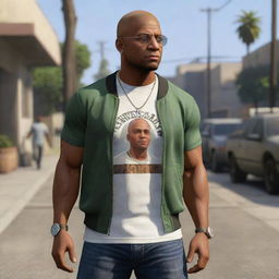 A portrayal of Franklin Clinton, a character from an iconic video game, in his casual streetwear, flaunting his signature shaved head, muscular build, and a reflective gaze that speaks volumes of his life in Los Santos.