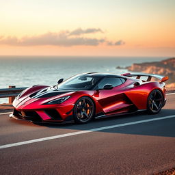 A stunning hypercar that seamlessly combines the sleek design of a Corvette, the aerodynamic elegance of a Porsche GT3, the fierce aggression of a Ferrari with a 12-cylinder engine, and the powerful aesthetics of a Lamborghini SVJ