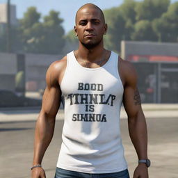 A portrayal of Franklin Clinton, a character from an iconic video game, in his casual streetwear, flaunting his signature shaved head, muscular build, and a reflective gaze that speaks volumes of his life in Los Santos.