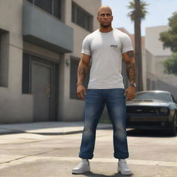 A portrayal of Franklin Clinton, a character from an iconic video game, in his casual streetwear, flaunting his signature shaved head, muscular build, and a reflective gaze that speaks volumes of his life in Los Santos.