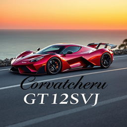 A stunning hypercar called the 'Corvatcheru GT12SVJ', which seamlessly combines the sleek design of a Corvette, the aerodynamic elegance of a Porsche GT3, the fierce aggression of a Ferrari with a 12-cylinder engine, and the powerful aesthetics of a Lamborghini SVJ