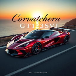 A stunning hypercar called the 'Corvatcheru GT12SVJ', which seamlessly combines the sleek design of a Corvette, the aerodynamic elegance of a Porsche GT3, the fierce aggression of a Ferrari with a 12-cylinder engine, and the powerful aesthetics of a Lamborghini SVJ