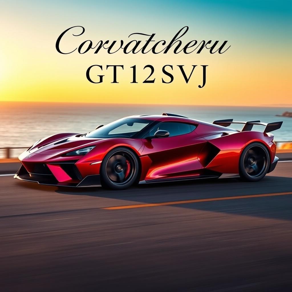 A stunning hypercar called the 'Corvatcheru GT12SVJ', which seamlessly combines the sleek design of a Corvette, the aerodynamic elegance of a Porsche GT3, the fierce aggression of a Ferrari with a 12-cylinder engine, and the powerful aesthetics of a Lamborghini SVJ