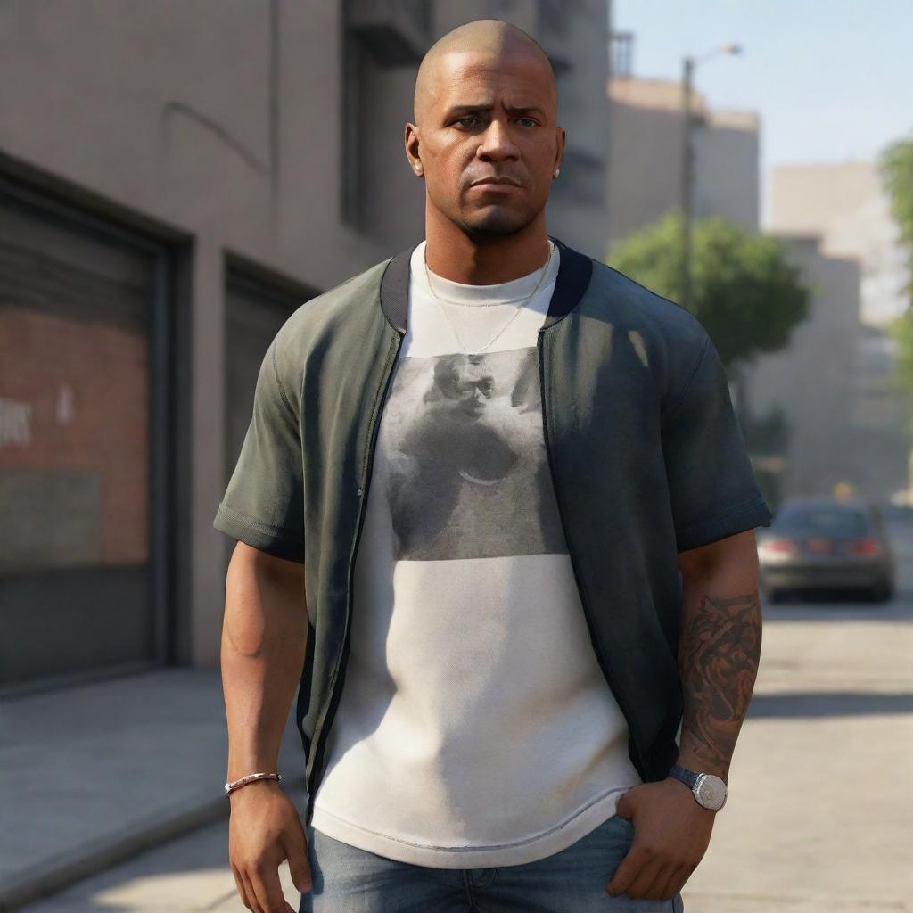 A portrayal of Franklin Clinton, a character from an iconic video game, in his casual streetwear, flaunting his signature shaved head, muscular build, and a reflective gaze that speaks volumes of his life in Los Santos.