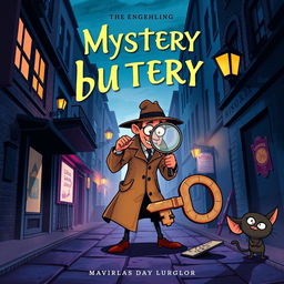 An enchanting mystery/thriller adult book cover design, featuring a whimsical detective engaged in an investigation filled with intrigue and a touch of comedy