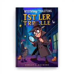 An enchanting mystery/thriller adult book cover design, featuring a whimsical detective engaged in an investigation filled with intrigue and a touch of comedy