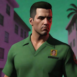 A striking representation of Victor Vance, the video game character, complete with his military haircut, serious demeanor, and wearing his iconic green army attire reflecting his life in Vice City's underworld.