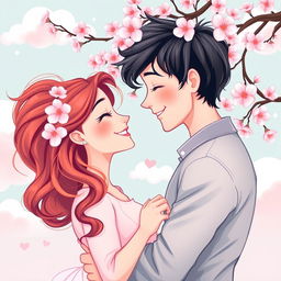 A whimsical and enchanting book cover design illustrating a charming couple in love, radiating joy and affection