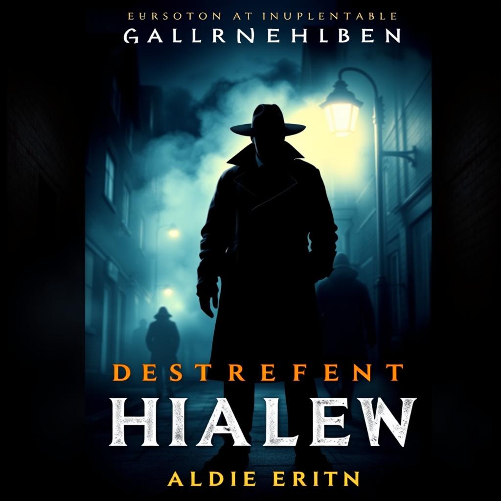 An appealing mystery/thriller adult book cover design featuring a shadowy figure of a detective in a trench coat standing under a dimly lit streetlight, surrounded by fog