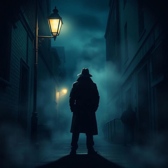 An appealing mystery/thriller adult book cover design featuring a shadowy figure of a detective in a trench coat standing under a dimly lit streetlight, surrounded by fog