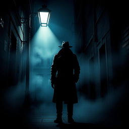 An appealing mystery/thriller adult book cover design featuring a shadowy figure of a detective in a trench coat standing under a dimly lit streetlight, surrounded by fog