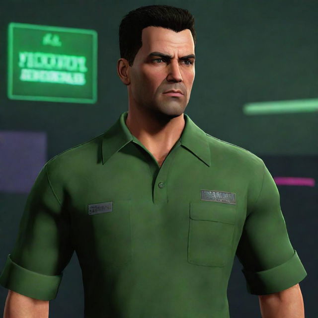 A striking representation of Victor Vance, the video game character, complete with his military haircut, serious demeanor, and wearing his iconic green army attire reflecting his life in Vice City's underworld.