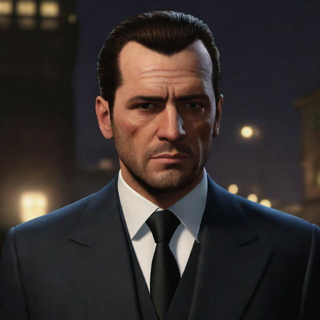 An accurate representation of Toni Cipriani, featuring his signature slicked back hair, stern gaze, and elegantly dangerous attire that illustrates his life in Liberty City's underworld.