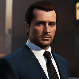 An accurate representation of Toni Cipriani, featuring his signature slicked back hair, stern gaze, and elegantly dangerous attire that illustrates his life in Liberty City's underworld.