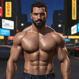 A detailed image of Luis Fernando Lopez, showcasing his sporty-yet-edgy style, stubble beard, muscular build, and resilient gaze, embodying his life amid the glitz and danger of Liberty City nightlife.