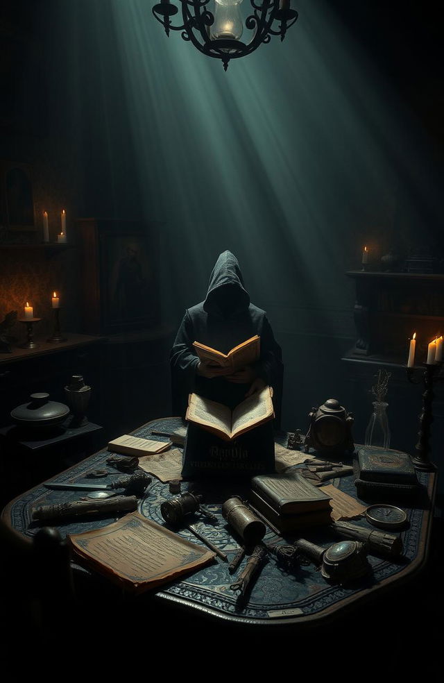 A mysterious, dimly lit room filled with ancient artifacts and scrolls scattered across an ornate table