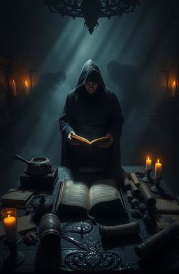 A mysterious, dimly lit room filled with ancient artifacts and scrolls scattered across an ornate table