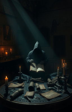 A mysterious, dimly lit room filled with ancient artifacts and scrolls scattered across an ornate table
