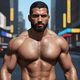 A detailed image of Luis Fernando Lopez, showcasing his sporty-yet-edgy style, stubble beard, muscular build, and resilient gaze, embodying his life amid the glitz and danger of Liberty City nightlife.