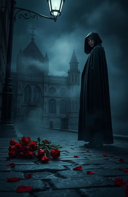 A captivating dark romance scene in an atmospheric setting, featuring a mysterious figure in a flowing black cloak, standing under the dim light of a flickering street lamp