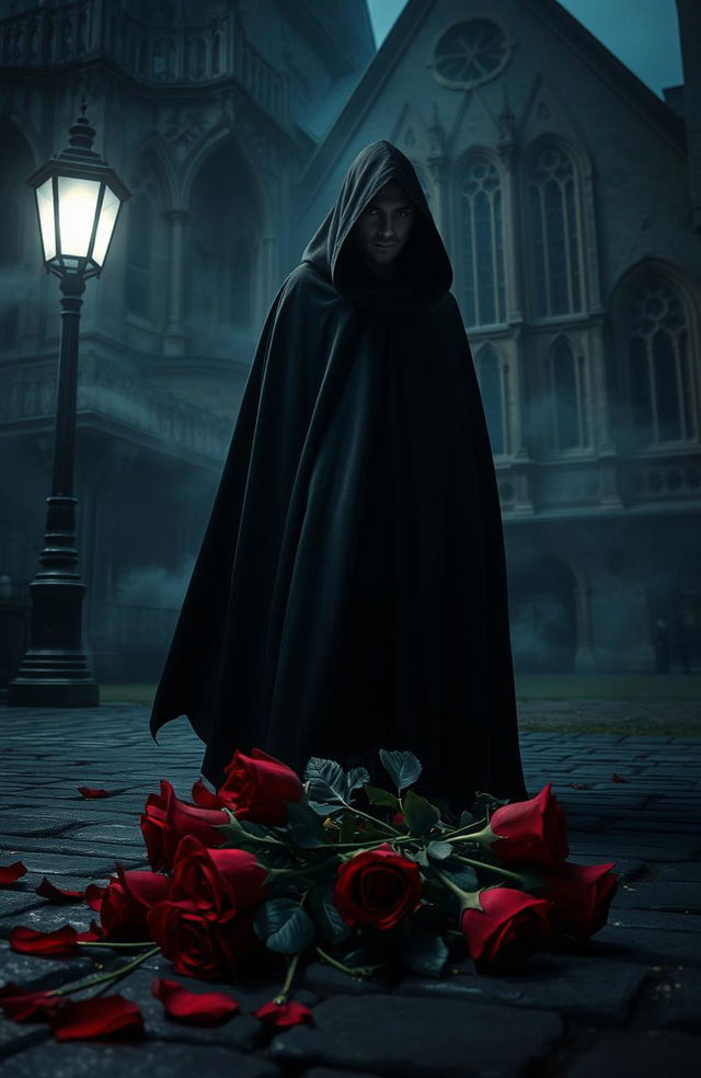 A captivating dark romance scene in an atmospheric setting, featuring a mysterious figure in a flowing black cloak, standing under the dim light of a flickering street lamp