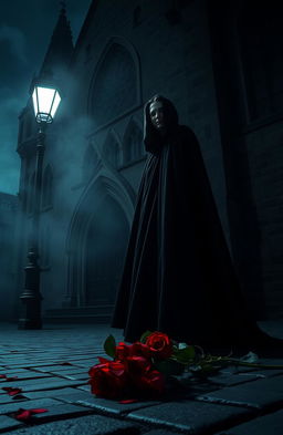 A captivating dark romance scene in an atmospheric setting, featuring a mysterious figure in a flowing black cloak, standing under the dim light of a flickering street lamp