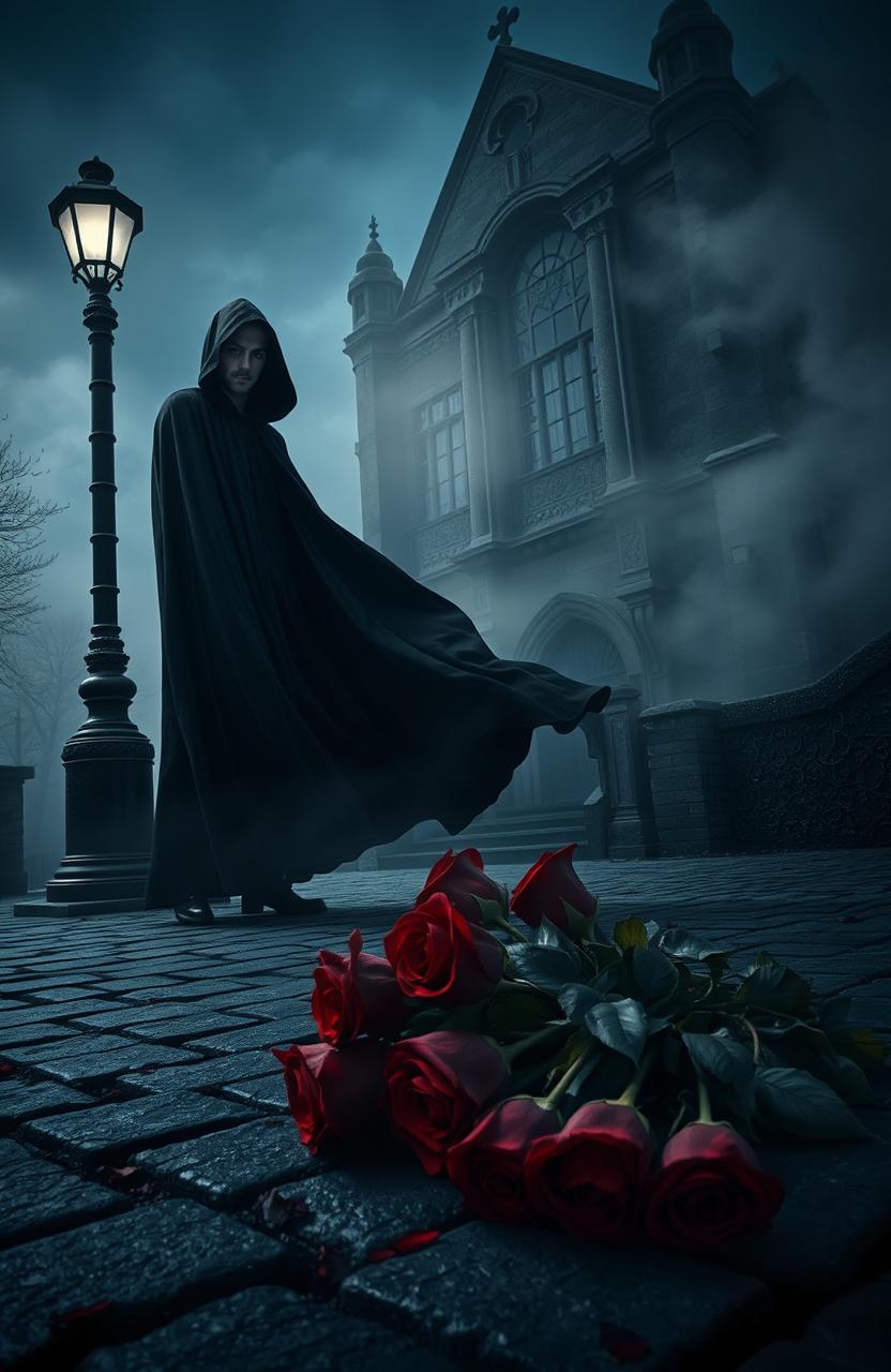 A captivating dark romance scene in an atmospheric setting, featuring a mysterious figure in a flowing black cloak, standing under the dim light of a flickering street lamp