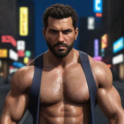 A detailed image of Luis Fernando Lopez, showcasing his sporty-yet-edgy style, stubble beard, muscular build, and resilient gaze, embodying his life amid the glitz and danger of Liberty City nightlife.