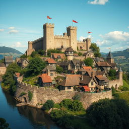 A small medieval stronghold city nestled on a hillside, surrounded by a sturdy stone wall and a picturesque moat