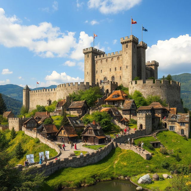 A small medieval stronghold city nestled on a hillside, surrounded by a sturdy stone wall and a picturesque moat