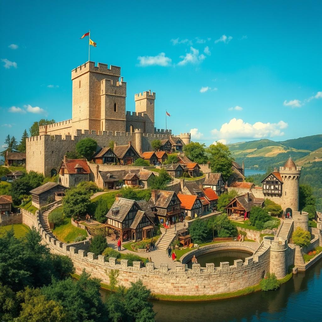 A small medieval stronghold city nestled on a hillside, surrounded by a sturdy stone wall and a picturesque moat