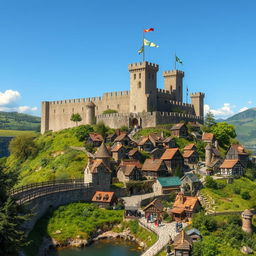 A small medieval stronghold city nestled on a hillside, surrounded by a sturdy stone wall and a picturesque moat
